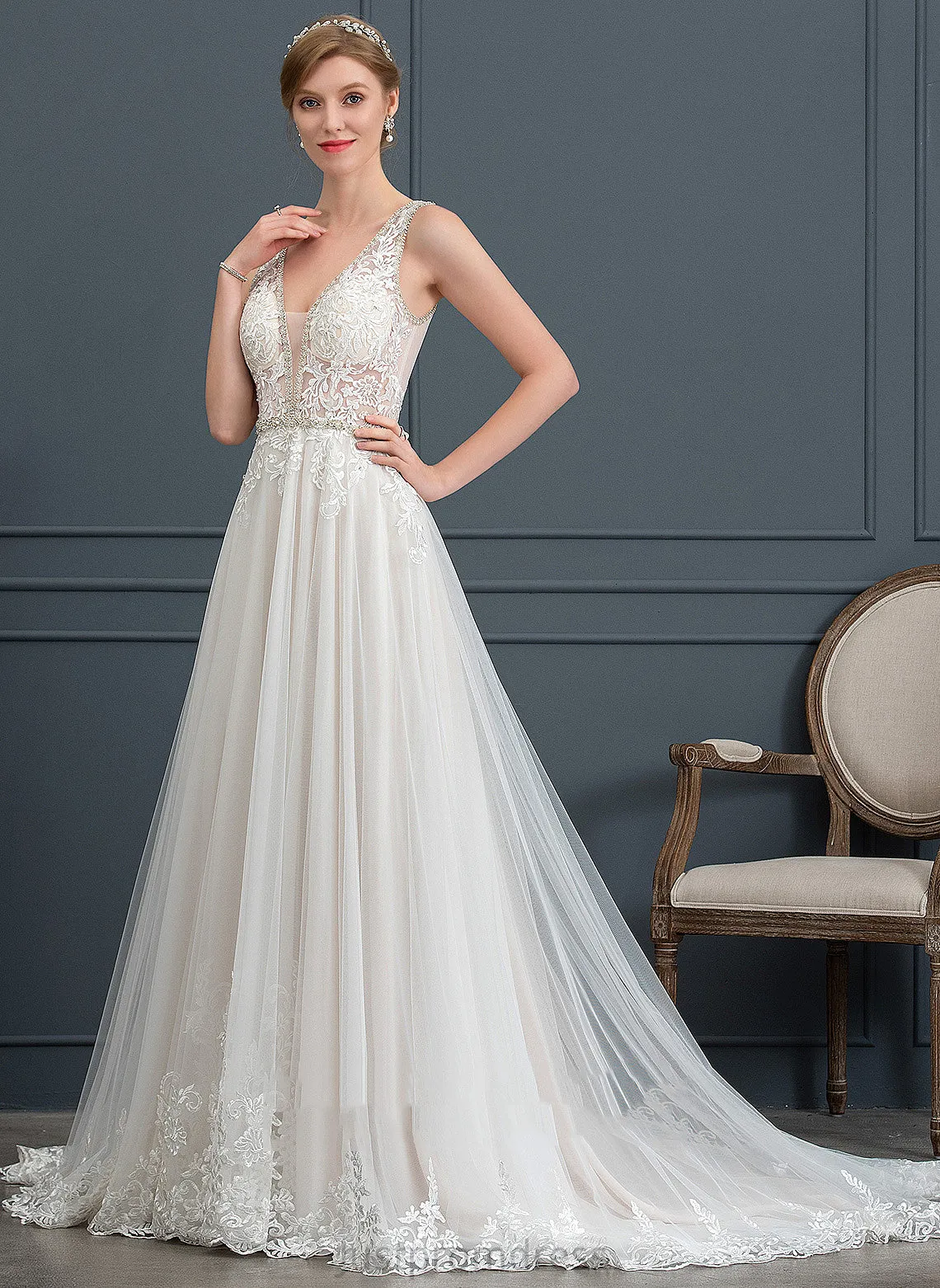 Beading Sequins Dress Lace Ball-Gown/Princess Wedding Wedding Dresses Court V-neck Belen Tulle With Train