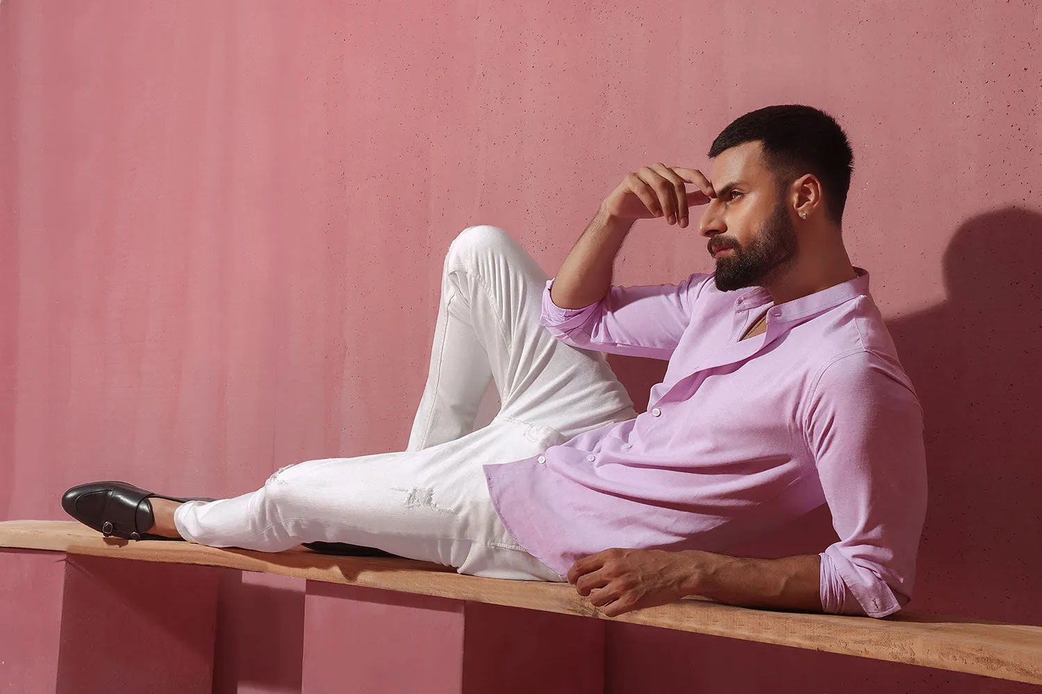 Lilac Linen With Stand-Up Collar Shirt